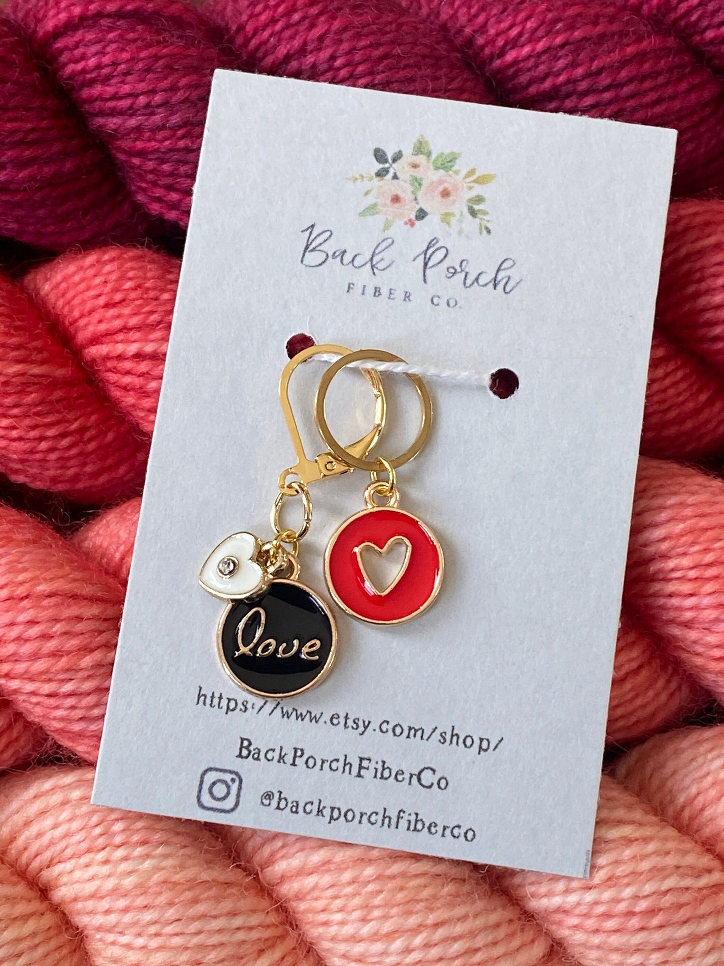 Progress Keepers & Beginning of Round Stitch Marker Set "love" and a heart accented with a gold colored frame and lever back to match