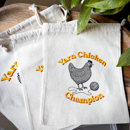 Yarn Chicken Champion - Knitting or Crochet Project Bag -  100% Natural Cotton Drawstring Bag. 8"x10" or 10"x12"