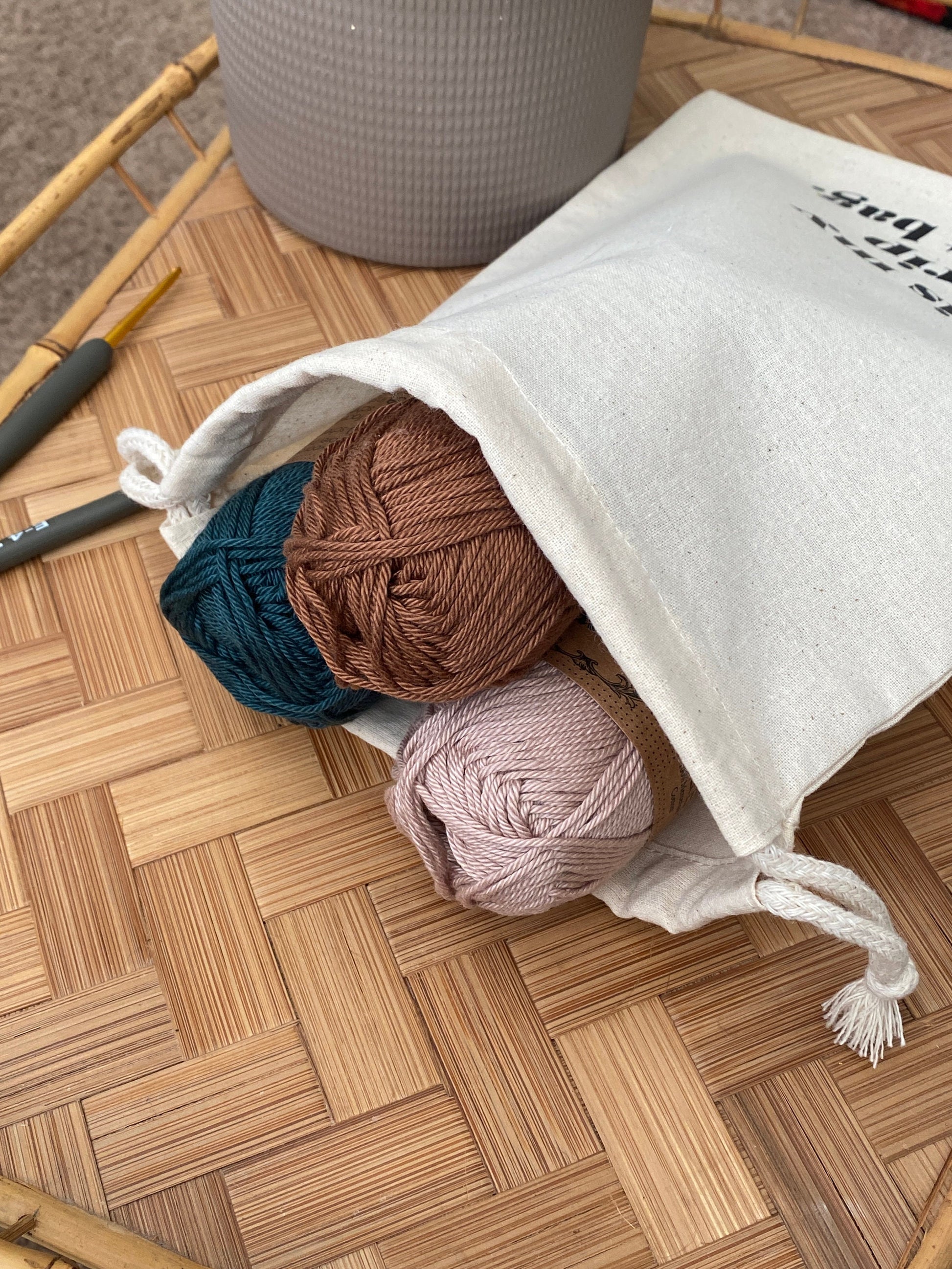 Crochet Project Bag - "This is my car crochet bag." 100% Natural Cotton Drawstring Bag. 8"x10"